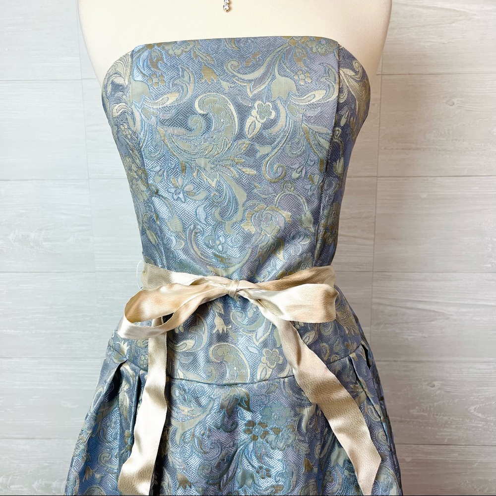 Vintage 90's Jessica McClintock Blue Brocade Jacquard Strapless Dress Size 6 - Picture 2 of 13